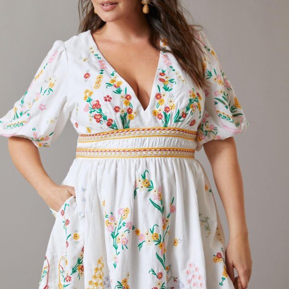 Anthropologie Deep-V Floral Embroidered Mini Dress Size 2XL White - Picture 13 of 13